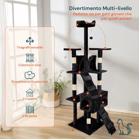 Rascador para gatos de 170 cm con caseta, plataformas y accesorios de montaje