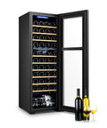 Cantinetta per vini Corte Vigna da 44 bottiglie 130 litri con porta aperta, ripiani in legno e illuminazione LED blu