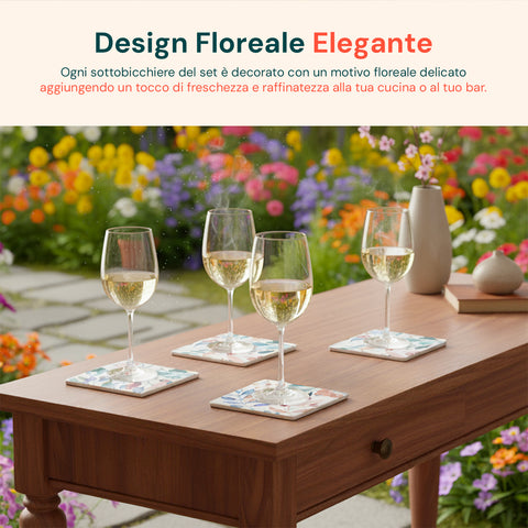 Sottobicchieri Floreali in Ceramica – Set 4 per Bevande Calde e Fredde