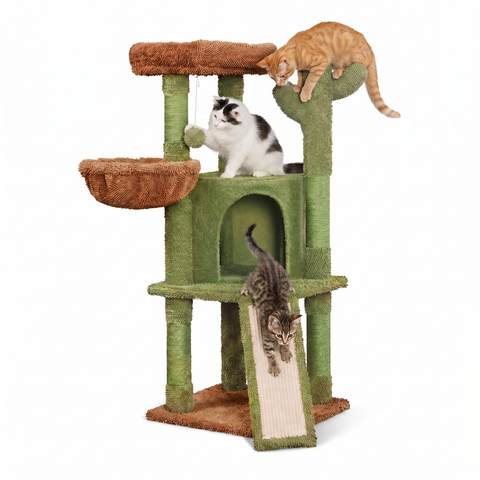 Rascador para gatos con forma de cactus de 106,5 cm - de sisal natural, con casita, cama tipo cesta y pelota de juguete