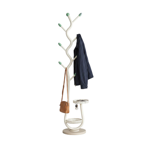 Perchero moderno de metal blanco con 2 bandejas circulares de Ø24 cm – Estructura resistente y que ahorra espacio - Al 166,5 cm