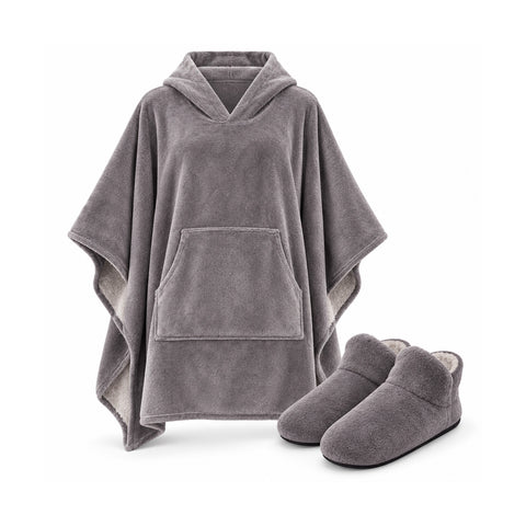 Manta ponible de rizo con capucha, bolsillo tipo canguro y pantuflas a juego: talla única, en fucsia, verde agua o gris