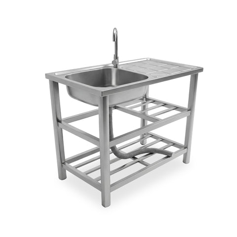 Fregadero multifunción de acero inoxidable con fuente - fregadero con cubeta, escurridor y doble estante - reversible derecha/izquierda - 75x40x80 cm