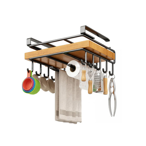 Estante bajo mueble de cocina con ganchos y portarrollos, ahorrador de espacio