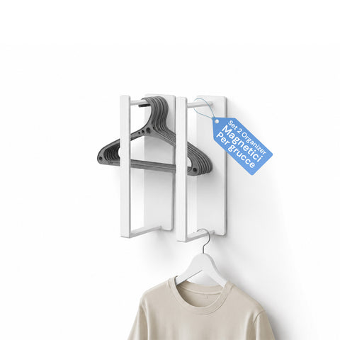 Set de 2 organizadores magnéticos para perchas blancos de acero, soporte vertical ahorraespacio para armario y vestidor, capacidad de carga 10 kg