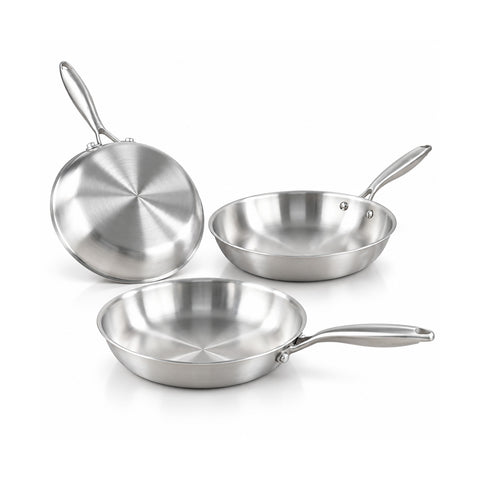 Set de 3 sartenes de acero inoxidable Tri-Ply de 20-24-28 cm | Fondo de inducción apto para todos los tipos de cocina, sin PFAS y aptas para horno