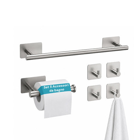 Set de 5 accesorios adhesivos negros para baño de acero inoxidable, capacidad de carga de 2,5 kg - incluye portarrollos y ganchos para toallas