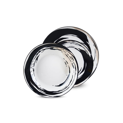 Elegante vajilla Vulcania de 18 piezas, negro/blanco, para cenas refinadas