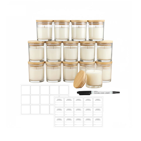 Set de 15 tarros de vidrio para velas de 170 ml con tapa de bambú