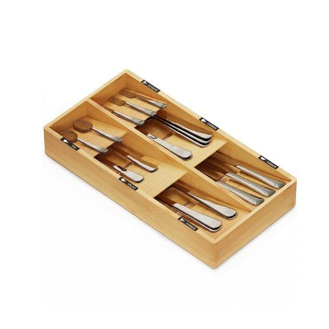 Organizador de cubiertos de bambú con 6 compartimentos y etiquetas - para cajones de cocina 20x39 cm - en madera natural
