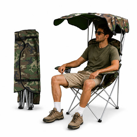 Silla de camping plegable con parasol – Estructura de acero al carbono con capacidad de carga de 120kg – Tela Oxford resistente – Dimensiones 53x77x130cm – Ahorra espacio e incluye funda