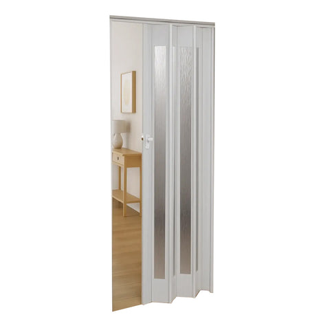 Puerta plegable blanca de 85x215 cm de PVC con insertos de PS y cierre con llave