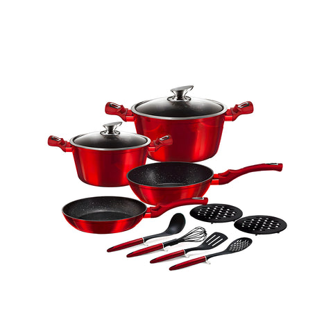 Batería de cocina de 12 piezas de aluminio roja