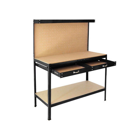 Banco de trabajo de acero con 2 estantes y 1 cajón, respaldo de MDF 150x120x60cm
