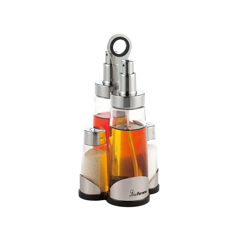 Set de 5 piezas para aceite y vinagre/sal y pimienta de vidrio y acero inoxidable, 200/60ml plateado