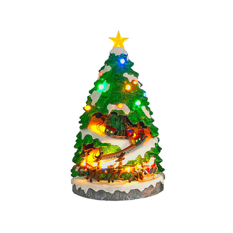 Pueblo navideño con árbol de Navidad en miniatura animado, luces LED y música navideña