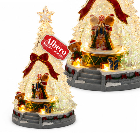 Árbol de Navidad luminoso JoyTree con música y animación de 360°, luces LED, escena con ositos y cascanueces, alimentación dual por USB, 32,5 cm