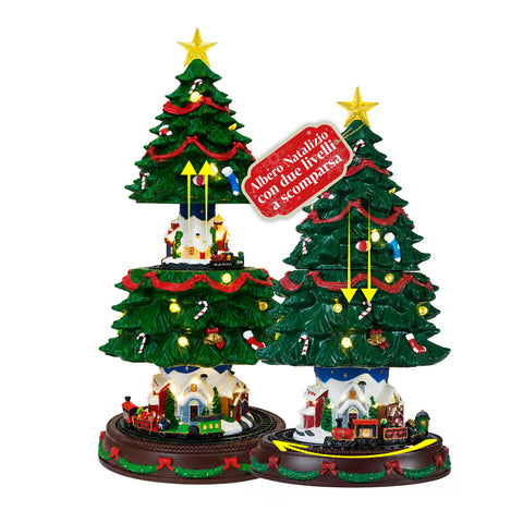 Árbol de Navidad luminoso SpinPine de 45,5 cm con pueblo y tren giratorio, luces LED blanco cálido, música navideña, alimentación por USB o pilas