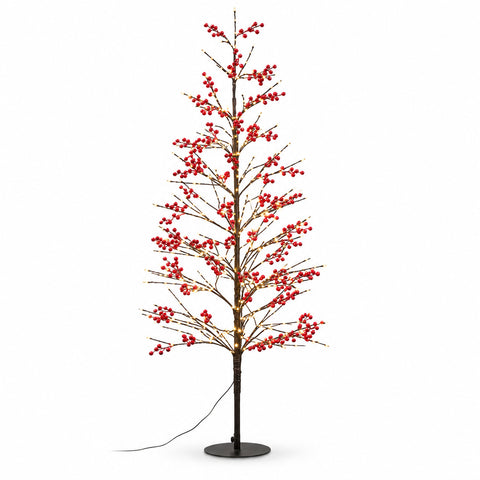 Árbol luminoso con bayas rojas de 150 cm, 635 LED de luz blanca cálida