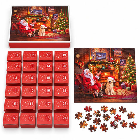 Calendario de Adviento de rompecabezas de 1008 piezas para montar en 24 días, escena navideña con Papá Noel y perro, rompecabezas final de 70x50 cm