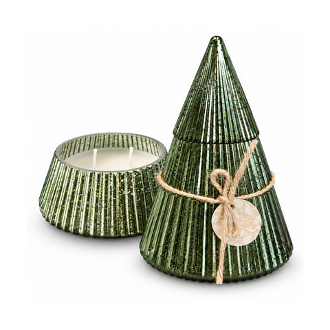 Vela perfumada en vidrio decorado con forma de esfera o árbol – Fragancias de pino, canela y vainilla – Recipiente reutilizable