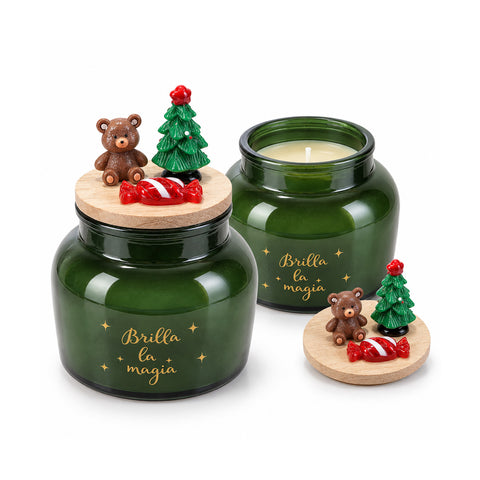 Vela perfumada en tarro de vidrio con tapa decorada – Fragancias de pino, canela y vainilla – Recipiente reutilizable con inscripción