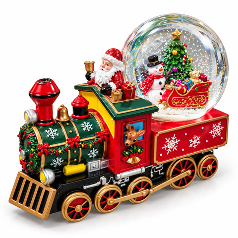 Caja de música navideña con locomotora y bola de nieve de vidrio, Papá Noel en el tren, de cuerda mecánica, dimensiones 22x13x17,5 cm