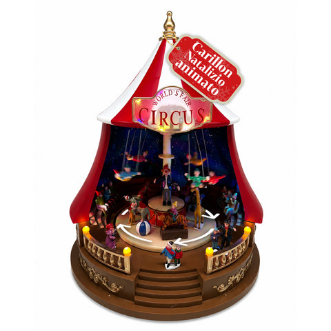 Caja de música navideña animada de circojoy con luces LED y música, carpa de circo Ø34 x H44 cm de plástico, escena giratoria, alimentación por USB o pilas