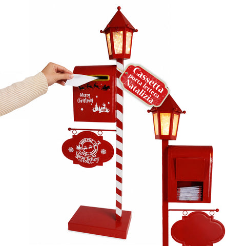 DeerPost Buzón navideño con linterna LED y compuerta trasera, decoración de metal con letrero colgante, 92,5 cm de alto