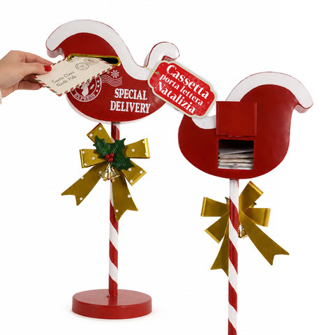 FlyPost, buzón navideño con forma de trineo, de metal, dimensiones 23x14x50 cm, gran capacidad, lazo dorado, base de apoyo