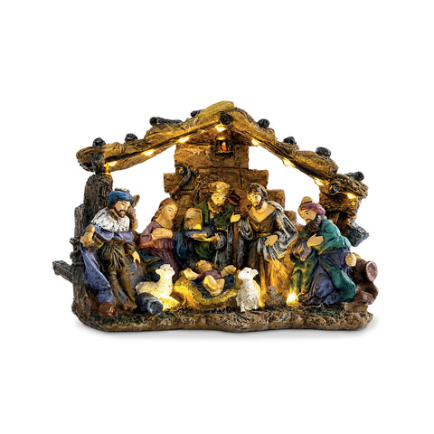 Nacimiento navideño HolyGlow de poliresina con luces LED e interruptor de encendido/apagado, cabaña rústica y base estable, 23x11,5x17 cm