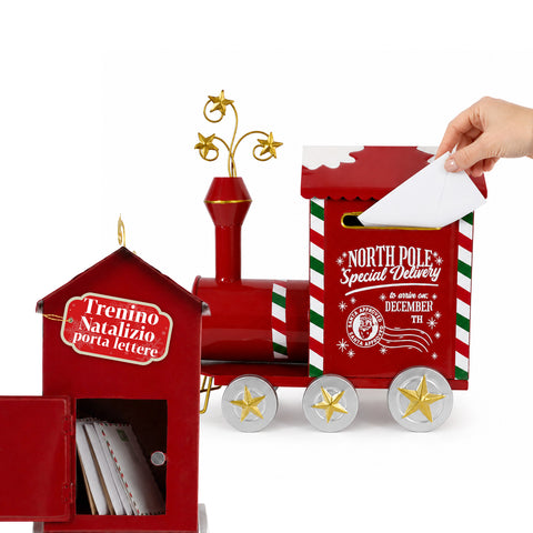JingleRail, tren navideño portacartas de metal, puerta trasera, gran capacidad, dimensiones 28x16x36 cm