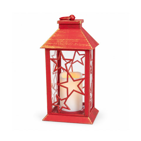 Linterna navideña roja LED de 30 cm, Cero con efecto de llama, para colgar o colocar, 14x14x30 cm, 2 decoraciones disponibles: estrellas o copos de nieve