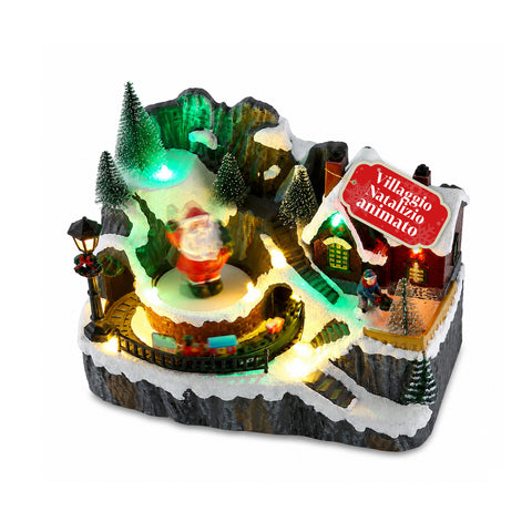 Pueblo navideño iluminado LitVille con LED, trenecito en movimiento y Papá Noel giratorio, 8 melodías navideñas, 23x15x18 cm, a pilas