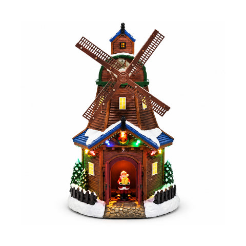 Molino de viento navideño luminoso y musical con movimiento, H34 cm