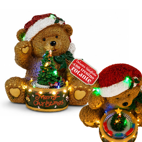 Osito de Navidad luminoso con tren giratorio y caja de música, Teddy XMAS Bear Station, decoración navideña LED de poliresina de 20,5 cm