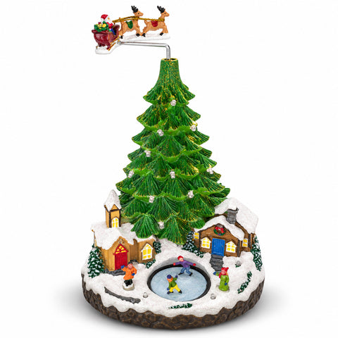 Paisaje navideño con árbol, luces LED, música y movimiento