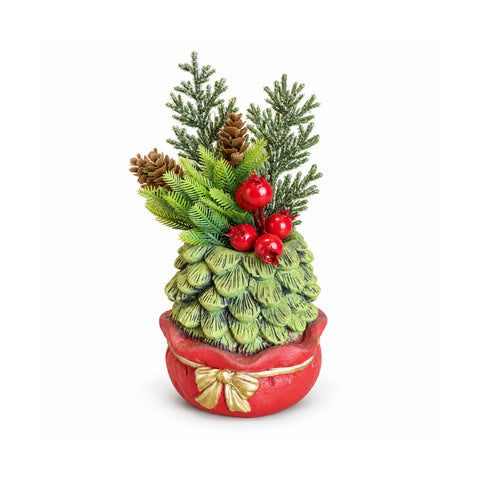 Planta ornamental con arbolito de 20 cm, decoración navideña de mesa con piñas, bayas rojas y lazo en relieve, 2 variantes: rojo y dorado