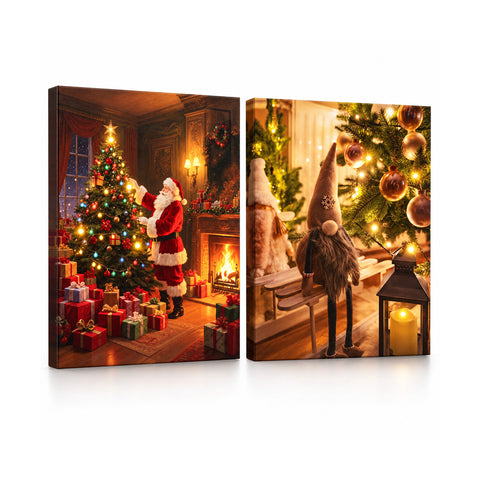 Cuadros navideños con luces LED, set de 2, 30x40 cm: Papá Noel, renos, gnomo y árboles iluminados, a pilas con interruptor