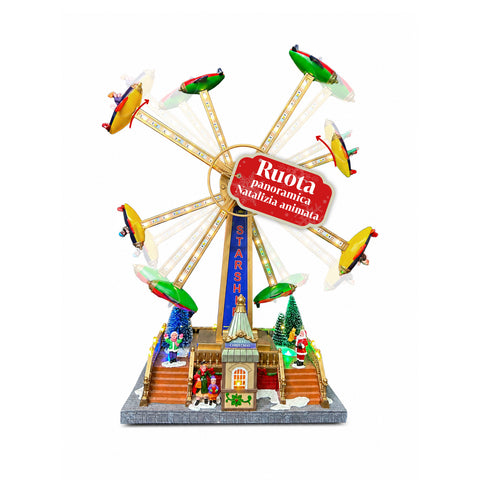 Noria panorámica navideña SkyWheel con luces LED, melodías y doble rotación, pueblo con taquilla y personajes, 47,7 cm