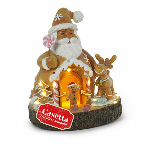 Santa Ginger - Decoración navideña de Papá Noel de pan de jengibre Santa Ginger con luces LED, música y puerta abatible, casita luminosa de resina de 20,6 cm