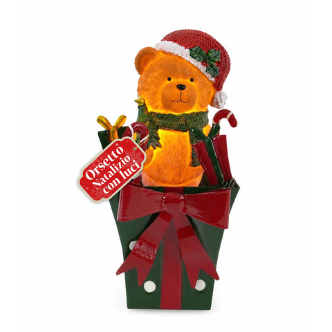 Teddy BearGift, osito navideño luminoso en caja de regalo, luz LED cálida, dimensiones 15x15x25,5 cm, alimentación mediante pilas