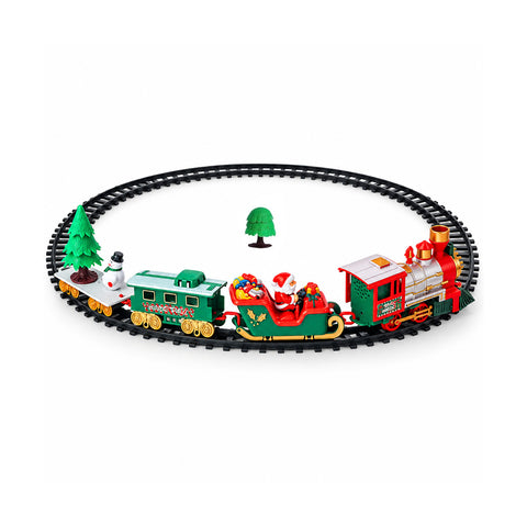 Tren navideño electrónico con pista modular, trineo de Papá Noel y vagón, luces y sonidos, 3 configuraciones de pista, 22 piezas
