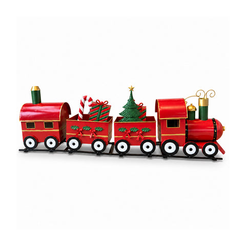 Tren navideño decorativo de suelo de 130 cm, con vagones cargados de regalos y arbolito LED a pilas