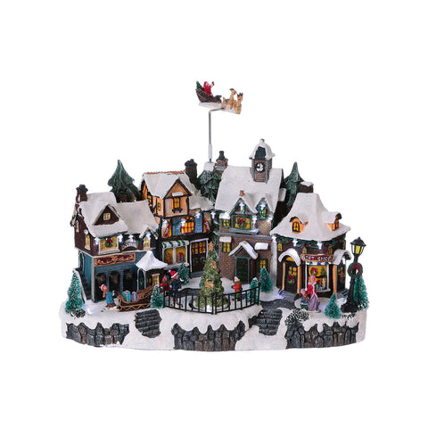 Pueblo de Navidad animado Helsinki con luces LED y música navideña, casitas nevadas de poliresina, decoración invernal de 22,5x32,5x21,5 cm