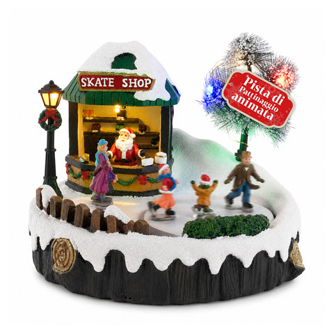 Pueblo navideño luminoso GlideRink, pista de patinaje animada con música y luces LED, decoración de resina 20,8x20,7x17,2 cm, a pilas AA