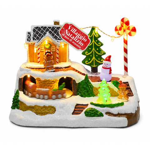Pueblo navideño luminoso Candy Town con trenecito en movimiento y 8 melodías, casita de jengibre LED, decoración navideña de 23,5 cm