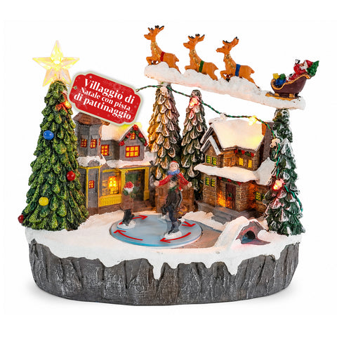 Pueblo navideño luminoso Snowtime con pista de patinaje animada, luces LED y música, trineo de Papá Noel, poliresina 21,5x15,8x22,5 cm