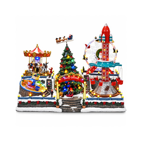 Pueblo navideño de parque de atracciones luminoso y musical con atracciones, H54 cm