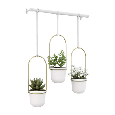 Set de 3 macetas colgantes decorativas de acero blanco/latón